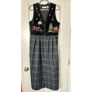 Vtg CASEY & MAX Embroidery Holyday Size M Green & Black Plaid 100%Cotton Velvet